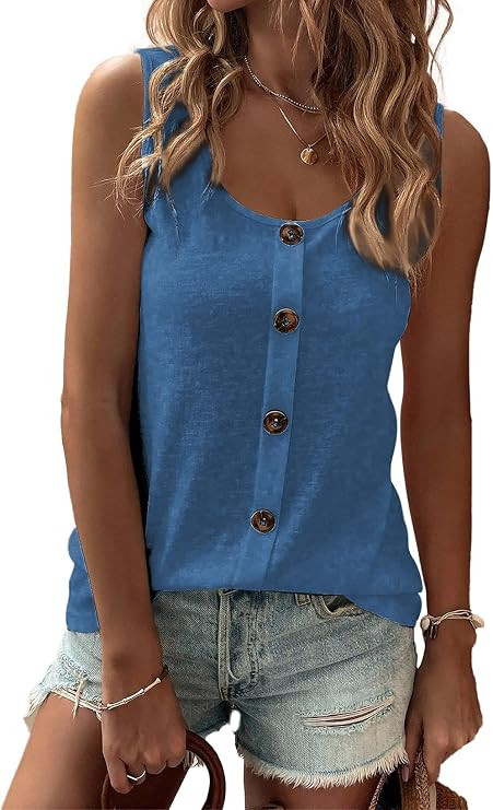 SHEWIN Womens Tank Tops Solid Button Crewneck Sleeveless Summer Tops Loose Fit | Amazon (US)