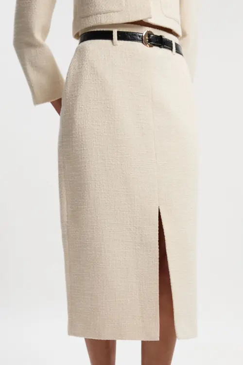 Karen Millen Petite Tweed Belted Pencil Skirt in Cream at Nordstrom, Size 4P | Nordstrom