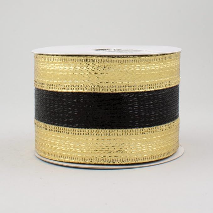 2.5" Wide Expressions Metallic Stripe Vertical Line Wired Ribbon Black & Gold (10 Yards) Fall & H... | Amazon (US)