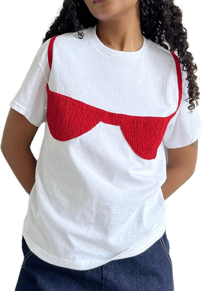 Women Y2k Smocked T-shirt Bikini Bra Graphic Print Short Sleeve Oversized Tee Crewneck Aesthetic ... | Amazon (US)