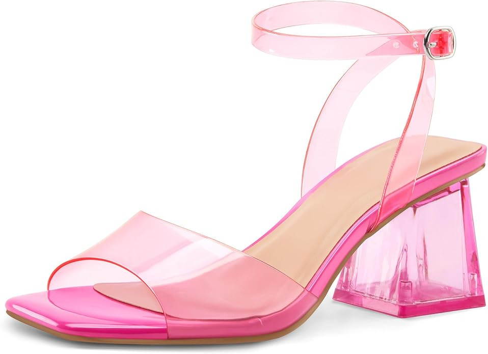 mysoft Women's Clear Heels Low Chunky Heel Open Toe Transparent Zebra Rhinestones Block Heeled Sa... | Amazon (US)