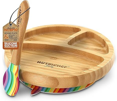 NutriChef Round Bamboo Baby Plate - 3 Partition Wooden Toddler Dish and Spoon Set w/ Silicone Suc... | Amazon (US)