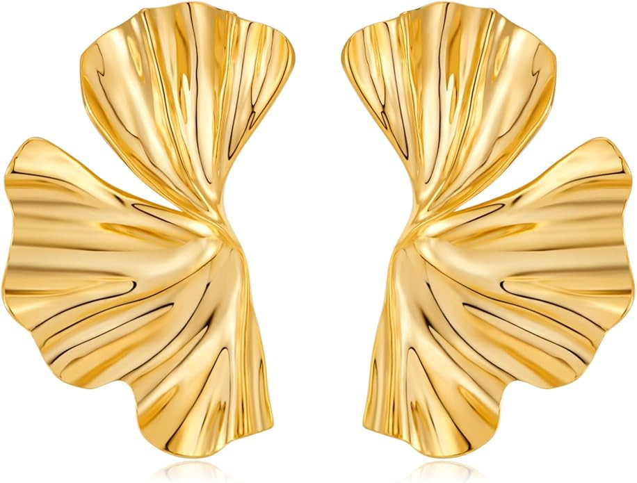 Chunky Gold Statement Earrings For Women Gold Plated Sectored Flower Leaf Shell Angel Wing Earrin... | Amazon (US)