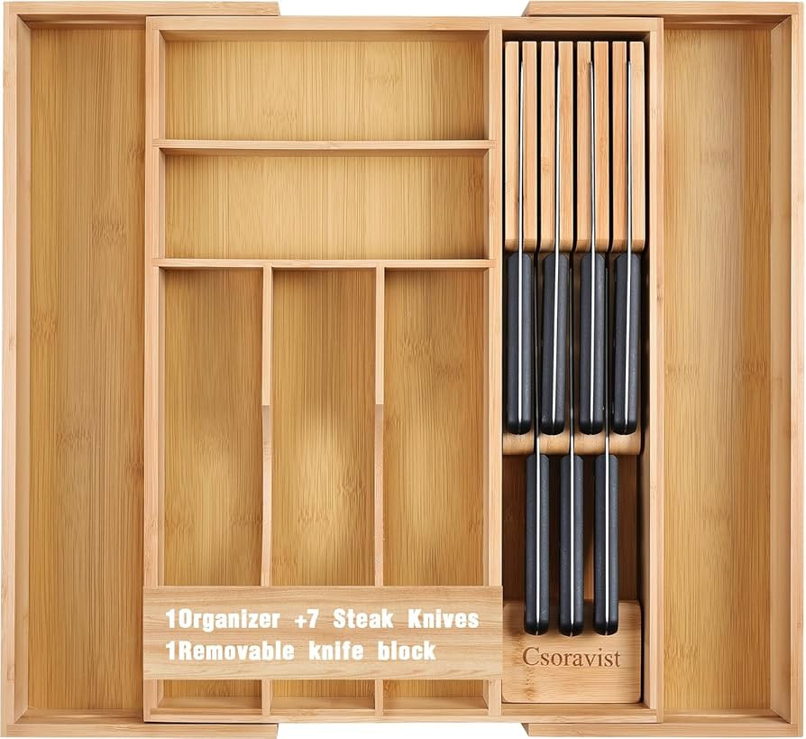 9-Piece Bamboo Kitchen Drawer Organizer Set, Expandable Silverware &Utensil Organizer with Remova... | Amazon (US)