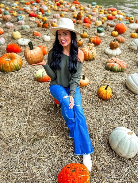 Under $30 amazon flare distressed jeans (size up), around $20 amazon off the shoulder lightweight sweater (small, 10+ colors), under $30 fedora tan hat and $40 target white western booties —the perfect fall pumpkin patch outfit #founditonamazon 

#LTKfindsunder50 #LTKsalealert #LTKSeasonal