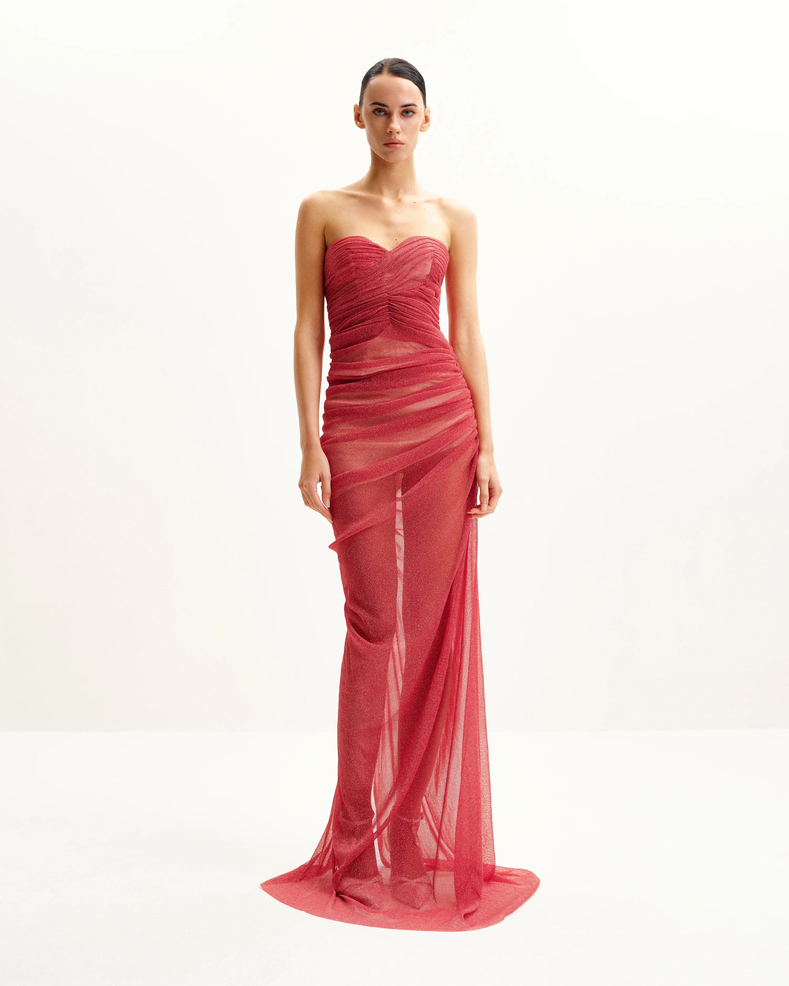 Mia Strapless Sheer Glitter Gown - Scarlet | JW PEI US