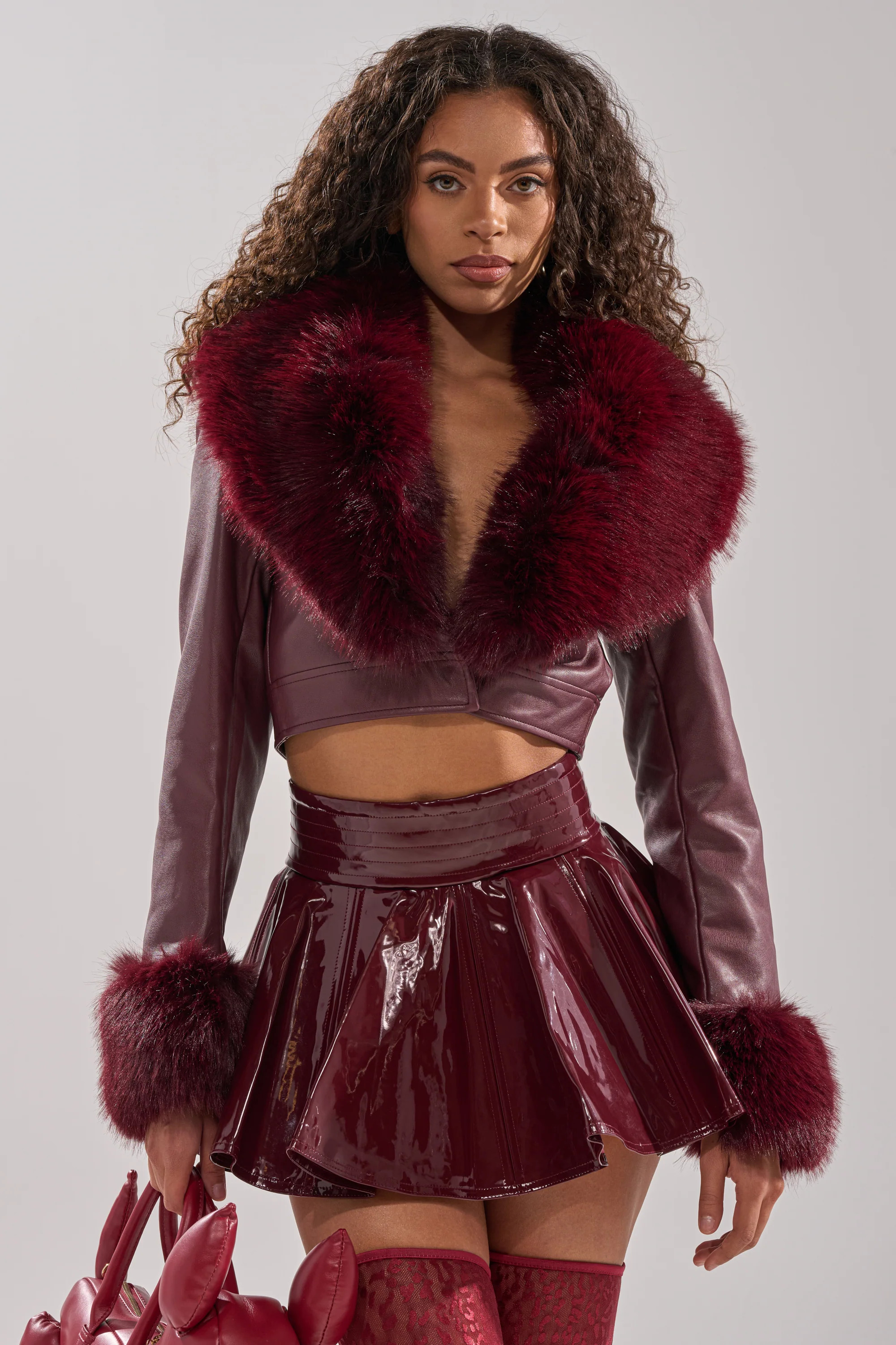 GISELE FUR TRIM MOTO IN BURGUNDY | AKIRA