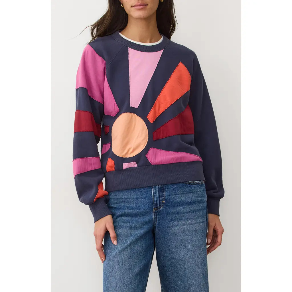 Marine Layer Cloud 9 Sunburst Mixed Media Sweatshirt in Navy Sunburst at Nordstrom, Size X-Small | Nordstrom