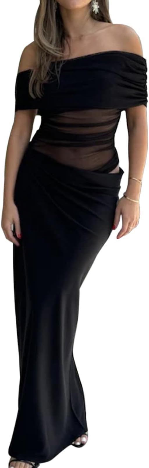 Women Off Shoulder Maxi Dress Sheer Mesh Ruched Long Dress Sexy Y2k Dresses Beach Clubwear | Amazon (US)