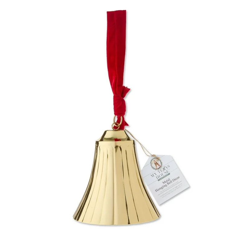 Metal Hanging Bell with Velvet Ribbon Christmas Decoration, Gold, 8.12", by My Texas House | Walmart (US)