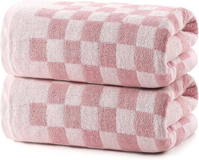 REDKISS 2 Piece Pink Checkered Bath Towels Set - 27”x55” Highly Absorbent 600GSM Pink Cotton ... | Amazon (US)