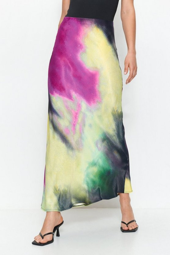 Dye Print Premium Satin Bias Maxi Skirt | Warehouse UK & IE
