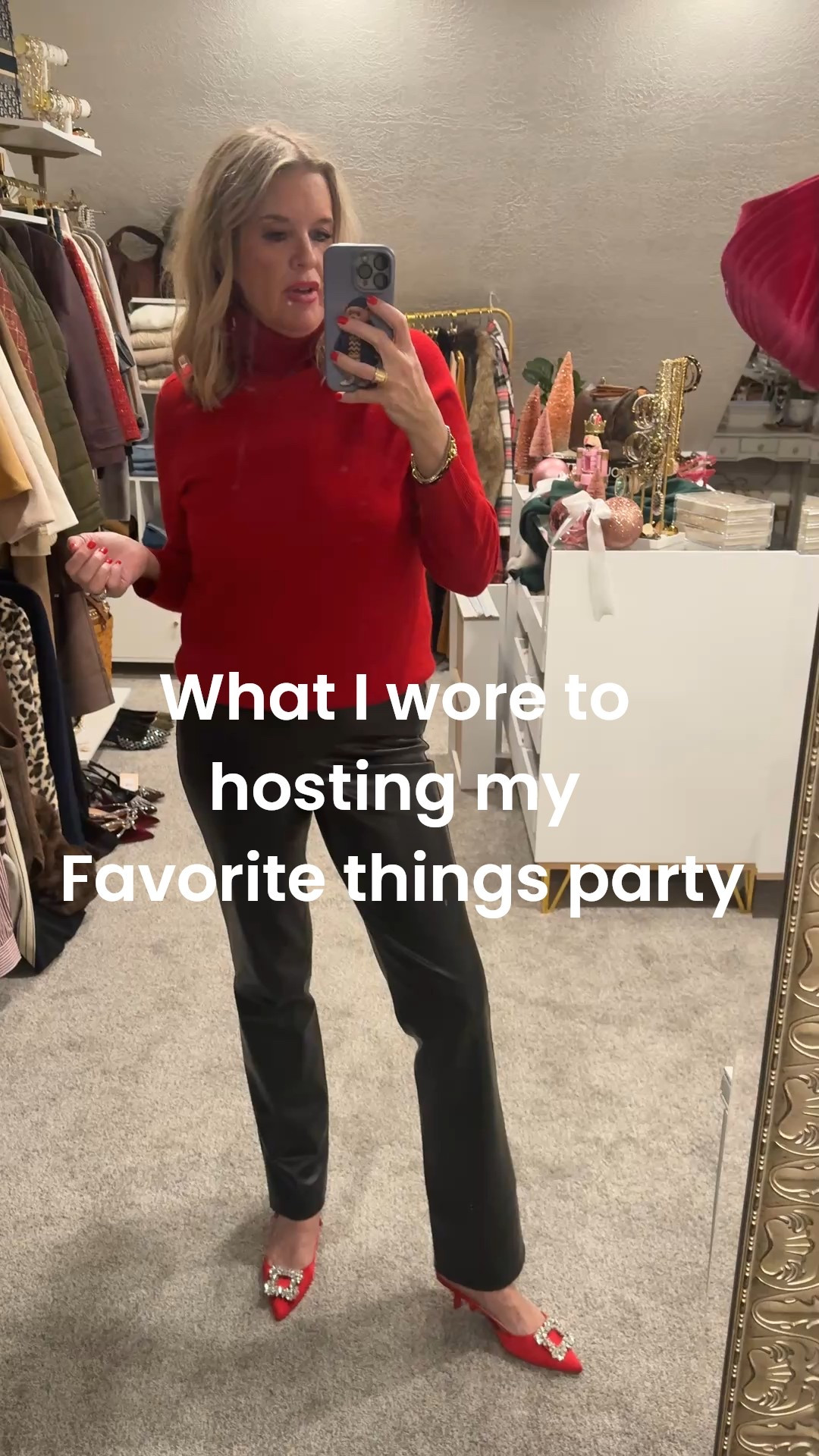 What I wore host my favorite things party🌲❤️🎁

NYDJ 
Red cashmere turtleneck sweater tts in a sm

NYDJ faux leather straight leg pants, tts in a size 4 

Both are so good 

Red satin & bling kitten heels from Target last year. Very similar ones linked and same price 

Red beaded bow earring  old from Dillards linked similar 

Red lip thrive crayon 

#LTKootd #LTKHoliday #LTKFindsUnder100