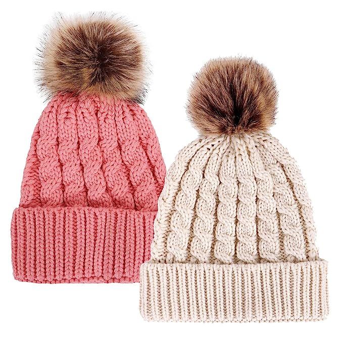 Simplicity Womens Winter Hand Knit Faux Fur Pompoms Beanie Hat | Amazon (US)