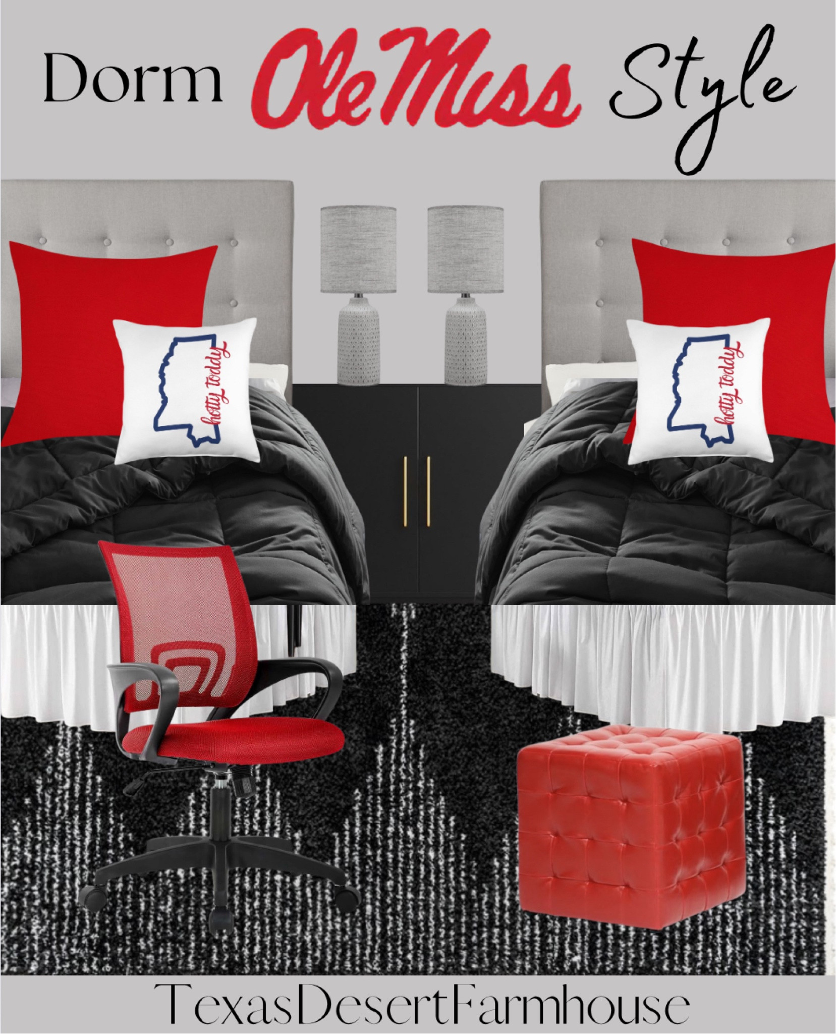 Ole Miss Rebel Dorm Inspo in Red & Black

Bedsure Comforter Duvet Insert - Quilted Comforters Twin XL Size, All Season Duvet, Down Alternative Bedding Comforter with Corner Tabs(Black,Twin XL 92"x68")

Cottington Lane Extended Dorm Sized Bed Skirt Panel - Ruffled Dorm Sized Bed Skirt - Dust Ruffled Bed Skirts 42 inch Tailored Drop - White Dorm Room Bedskirts - College Dorm Bed Skirt

Moroccan Diamond Pinstripes Tassel Rug

Signature Design by Ashley Donnford 20" Textured Diamond Pattern Ceramic Table Lamp, Charcoal Gray

Storage Cabinet with Doors, Modern Black Accent Cabinet, Free Standing Cabinet, Wooden Buffet Sideboards for Bedroom, Kitchen,Home Office

Ole Miss Script Fan Sign

Mississippi Map Hotty Toddy Throw Pillow

TangDepot Handmade Decorative Solid 100% Cotton Canvas Throw Pillow Covers/Pillow Shams, (22"x22", Red)

Home Mesh Office Chair Ergonomic Desk Chair Mid Back Computer Chair Task Rolling Swivel Chair

Baxton Studio Siskal Modern Cube Ottoman, Red, Set of 2

#dorm #dormitory #dormheadboard #bedding #college #collegedorm #collegebedroom #bedding #arearug #rebels #olemiss


#LTKStyleTip #LTKU #LTKBacktoSchool