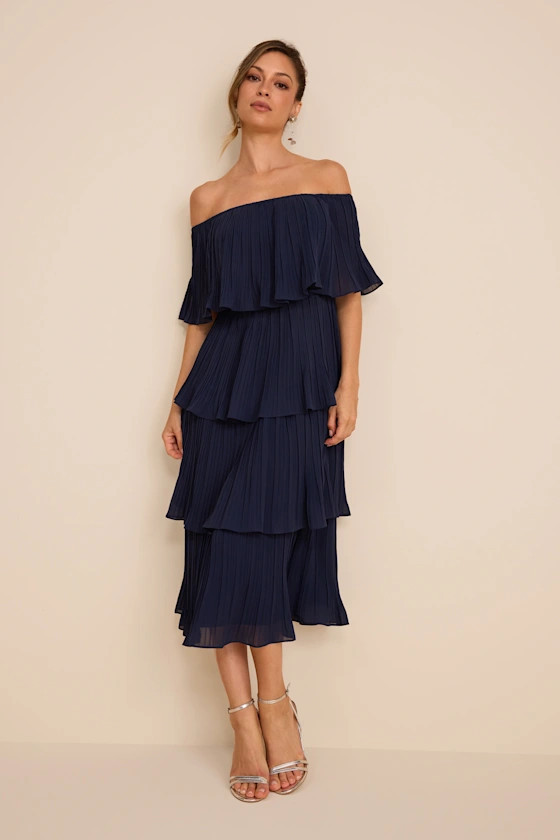 Gala Ready Navy Blue Off-the-Shoulder Ruffle Midi Dress | Lulus