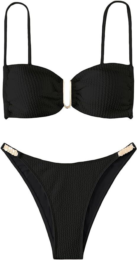 OYOANGLE Women's 2 Pieces Spaghetti Strap Ring Linked Ribbed High Cut Bikini Swimsuit Bathing Sui... | Amazon (US)