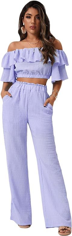 Floerns Women's Off Shoulder Crop Tops Paperbag Waist Pants Two Piece Outfit Set | Amazon (US)