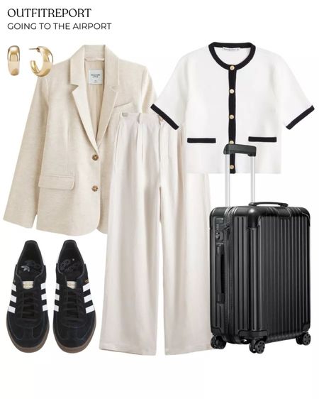 Travel outfit neural white trousers blazer cardigan and adidas trainers

#LTKbag #LTKshoes #LTKstyletip
