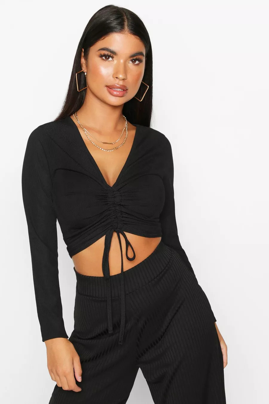 Petite Recycled Ribbed Ruched Detail Top | Boohoo.com (US & CA)