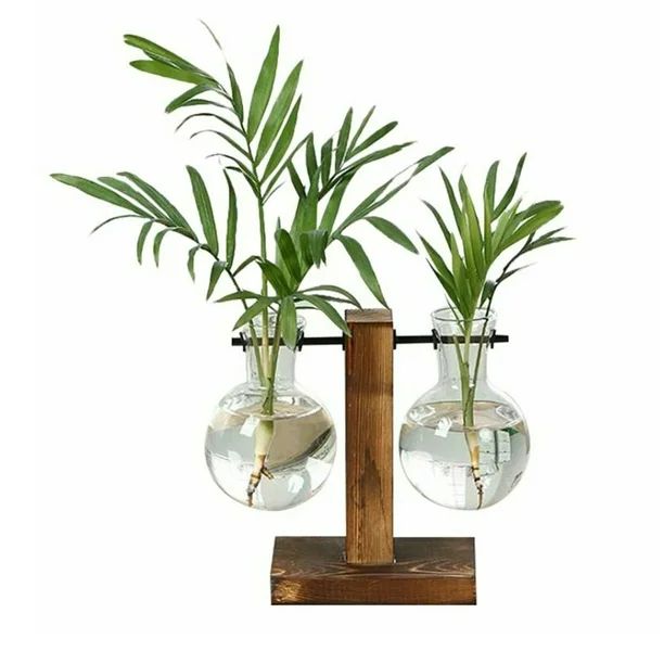 Willstar Desktop Glass Planter Bulb Vase Transparent Vase with Retro Solid Wooden Stand for Hydro... | Walmart (US)