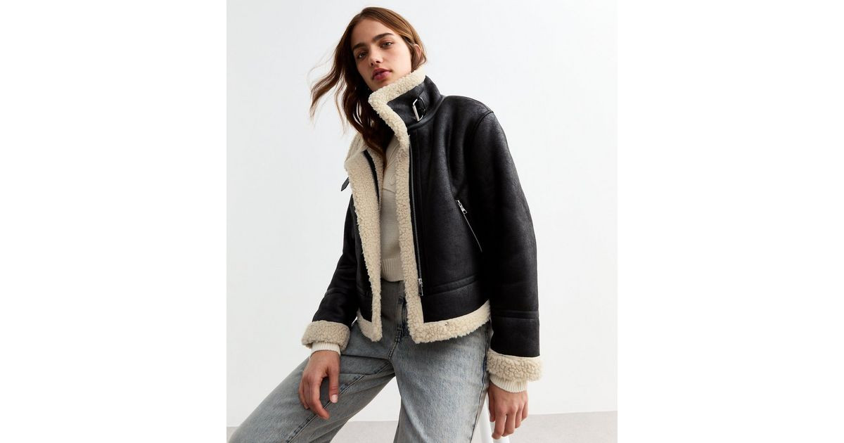 Black Faux Leather Cropped Aviator Jacket
						
						Add to Saved Items
						Remove from Saved... | New Look (UK)