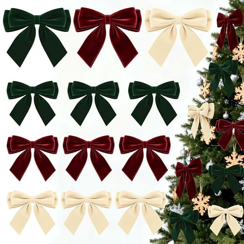 12Pcs Velvet Bows for Christmas Tree, Red Green Beige Bows Christmas Decorations with Twist Tie, Bulk Vintage Velvet Ornaments for Wreath Garland Gift Wrapping Wedding Champagne Parties 5.9x5.9in | Amazon (US)