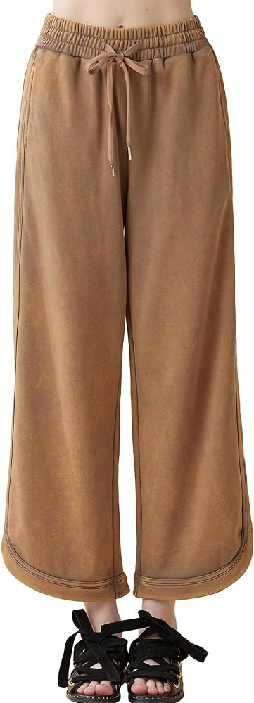 noflik Women's Skin-Friendly Cotton Elastic High Waisted Drawstring Wide Leg Fray Hem Sweatpants | Amazon (US)