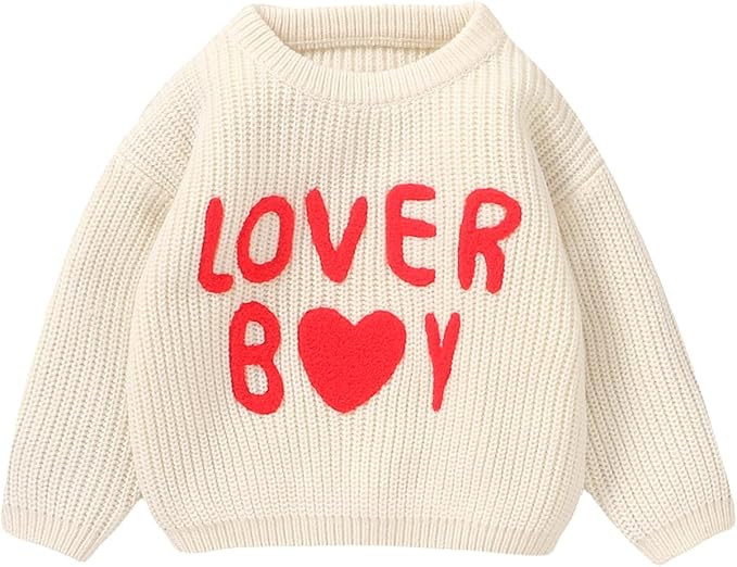 Toddler Baby Boy Valentine's Day Outfit Lover Boy Embroidery Knit Sweater Long Sleeve Crewneck Pu... | Amazon (US)