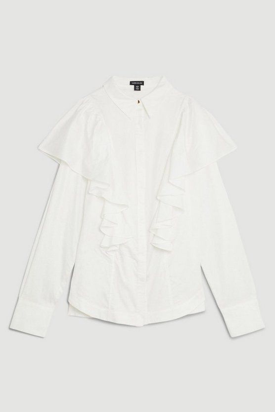 Ruffle Panelled Cotton Poplin Woven Shirt | Karen Millen US
