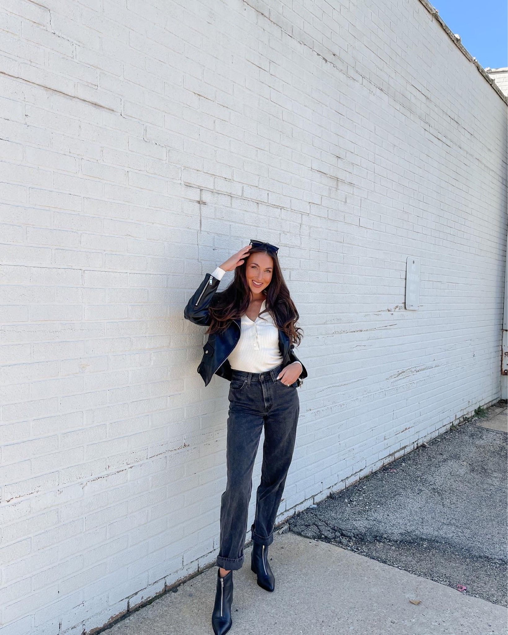 Black jeans, black booties, leather jacket, white bodysuit

#LTKunder100 #LTKstyletip #LTKSeasonal