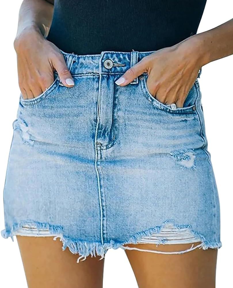 GOBLES Women's Sexy Mid Waist Zipper Closure Frayed Raw Hem Ripped Mini Denim Skirts | Amazon (US)