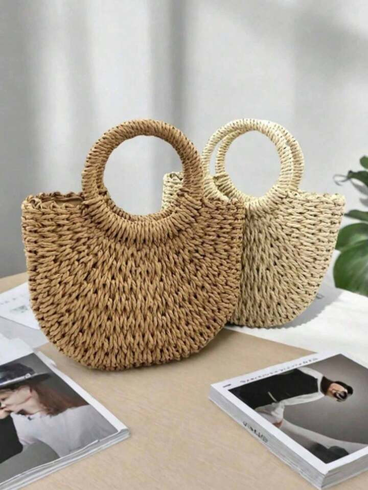 1 Piece Hand-Woven Bag, Retro Straw Woven Bag, Paper Rope Bag, Semicircular Casual Handbag, Beach Bag, Street Style Women's Handbag, Shopping Basket Bag, Multi-Function Beach Vacation Bag | SHEIN