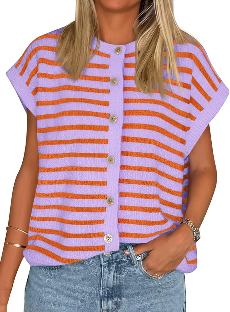 Cicy Bell Womens Striped Cap Sleeve Sweater Vest Crew Neck Button Down Cardigan Cute Knit Tops | Amazon (US)