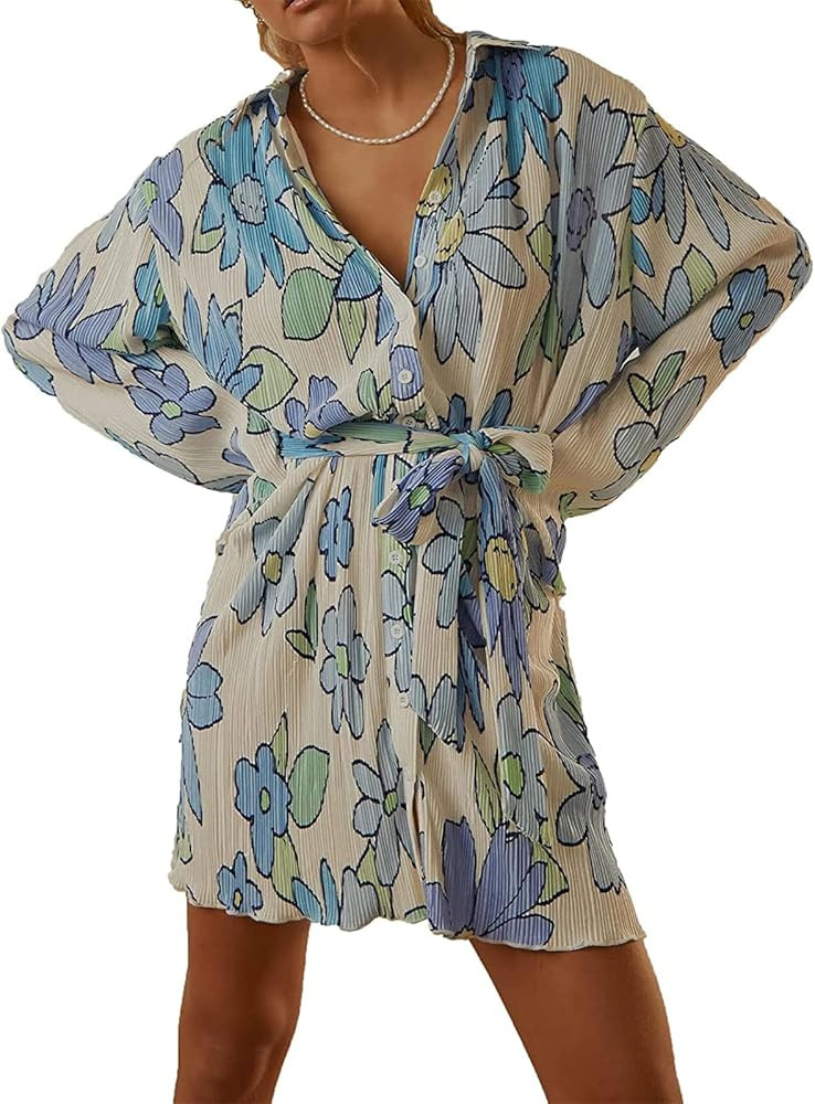 ABYOVRT Women Shirt Dresses Long Sleeve Pleated Mini Dress Casual Button Down Tunic Tops with Bel... | Amazon (US)