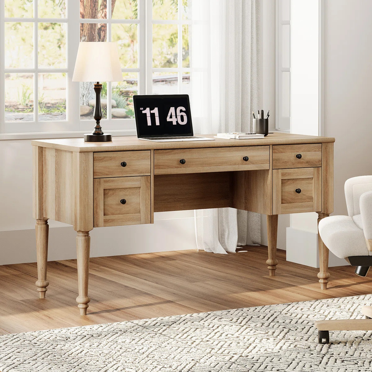 Scarlett Farmhouse 56'' Executive Desk With 5 Drawers, Home Office Desks With Charging Station, W... | Wayfair North America