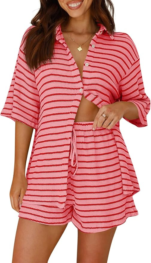 Amazon.com: Tankaneo Womens Striped 2 Piece Sets Short Sleeve Button Down Shirt and Shorts Waffle... | Amazon (US)