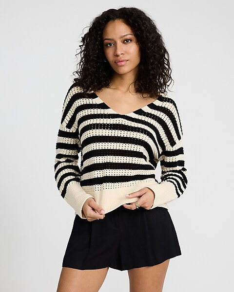 Striped Open Stitch Double V-Neck Sweater | Express