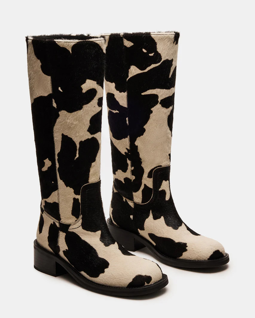 RIGGS Black Cow Print Square-Toe Boot | Women's Boots | Steve Madden (US)