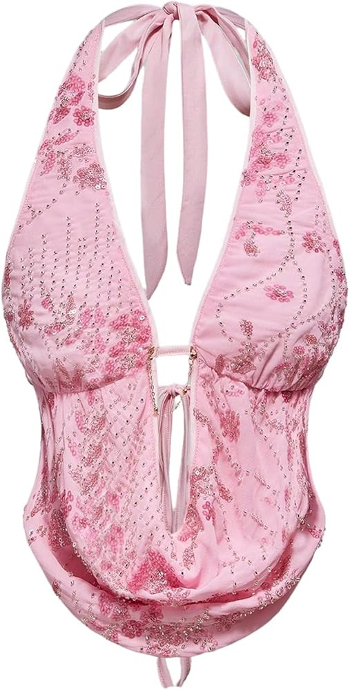 Verdusa Women's Cheetah Print Sequin Top Y2K Tie Back Corset Halter Going Out Crop Tops | Amazon (US)