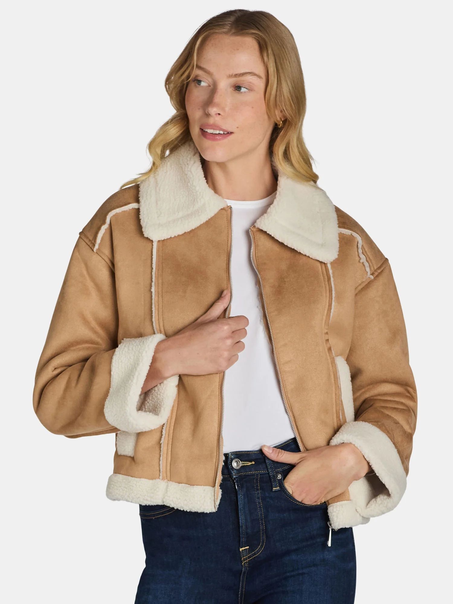 Time and Tru Women's and Women's Plus Bonded Faux Shearling Bomber Jacket, Sizes XS-3X | Walmart (US)