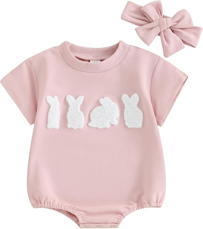 FYBITBO Newborn Baby Girl Easter Outfit Bunny Romper Short Sleeve Bodysuit Jumpsuit Headband Infa... | Amazon (US)