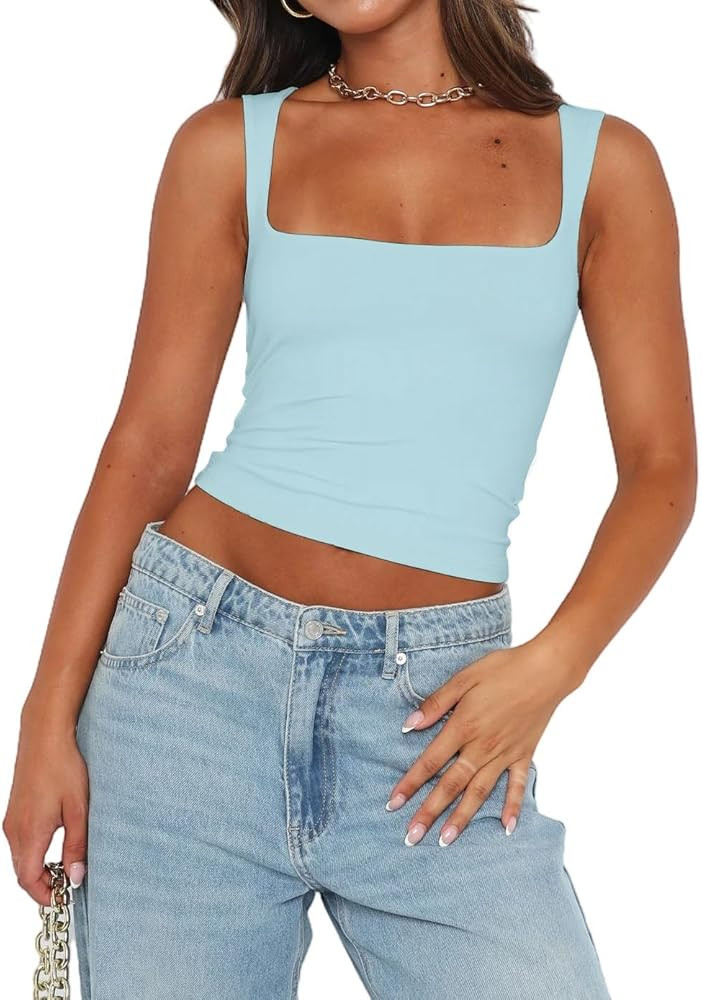 Abardsion Womens Sexy Crop Top Summer 2024 Square Neck Sleeveless Double Layer Going Out Tank Top... | Amazon (US)