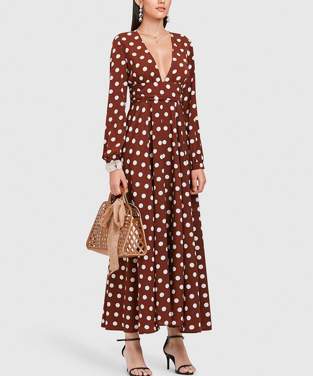 myodress Women's Special Occasion Dresses brown - Brown Polka Dot Deep-V Maxi Dress - Plus | Zulily