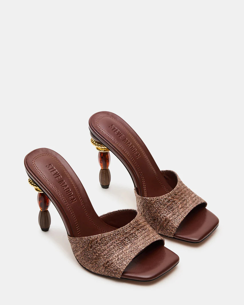 SIA Brown Square-Toe Mule Sculptured Beaded Women's Heel | Steve Madden (US)