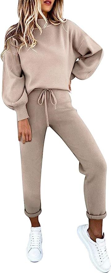 Cutiefox Women's 2 Piece Sweatsuit Outfits Lantern Sleeve Pullover Tops and High Waist Jogger Pan... | Amazon (US)