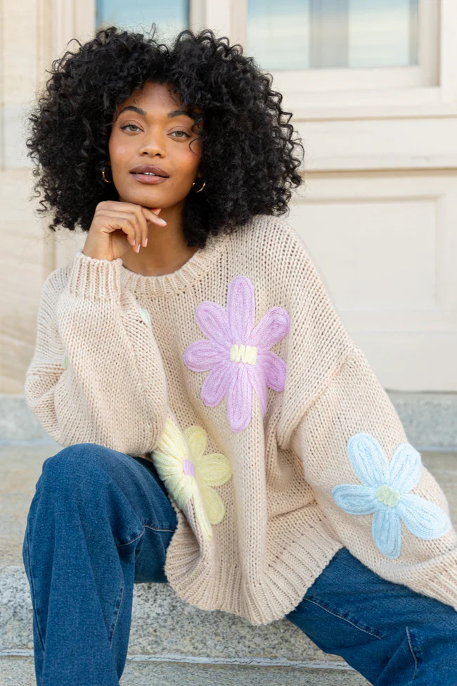 Whatever You Feel Beige Multi Floral Sweater | Pink Lily
