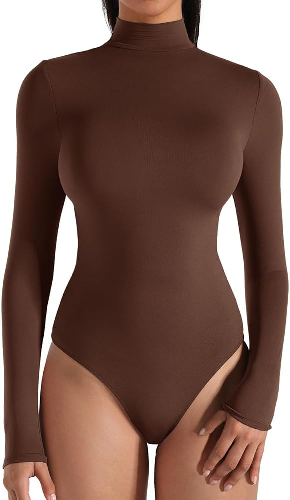 REORIA Women's Turtle Neck Long Sleeve Bodysuits Basic Slim Fit Double Lined Lightweight Layering... | Amazon (US)