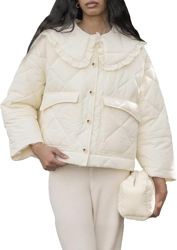 Womens Cropped Quilted Puffer Jackets Frilly Peter Pan Collar Button Down Lightweight Cream Cute ... | Amazon (US)
