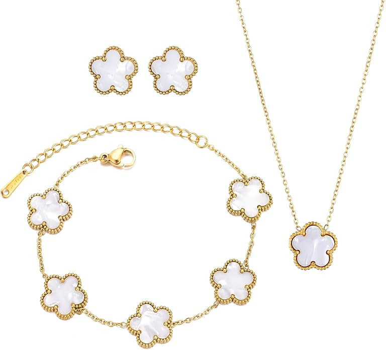 Clover Neckalce Earring Set for Women 14K Gold Plated Stainless Steel Four Leaf Clover Jewelry Se... | Amazon (US)